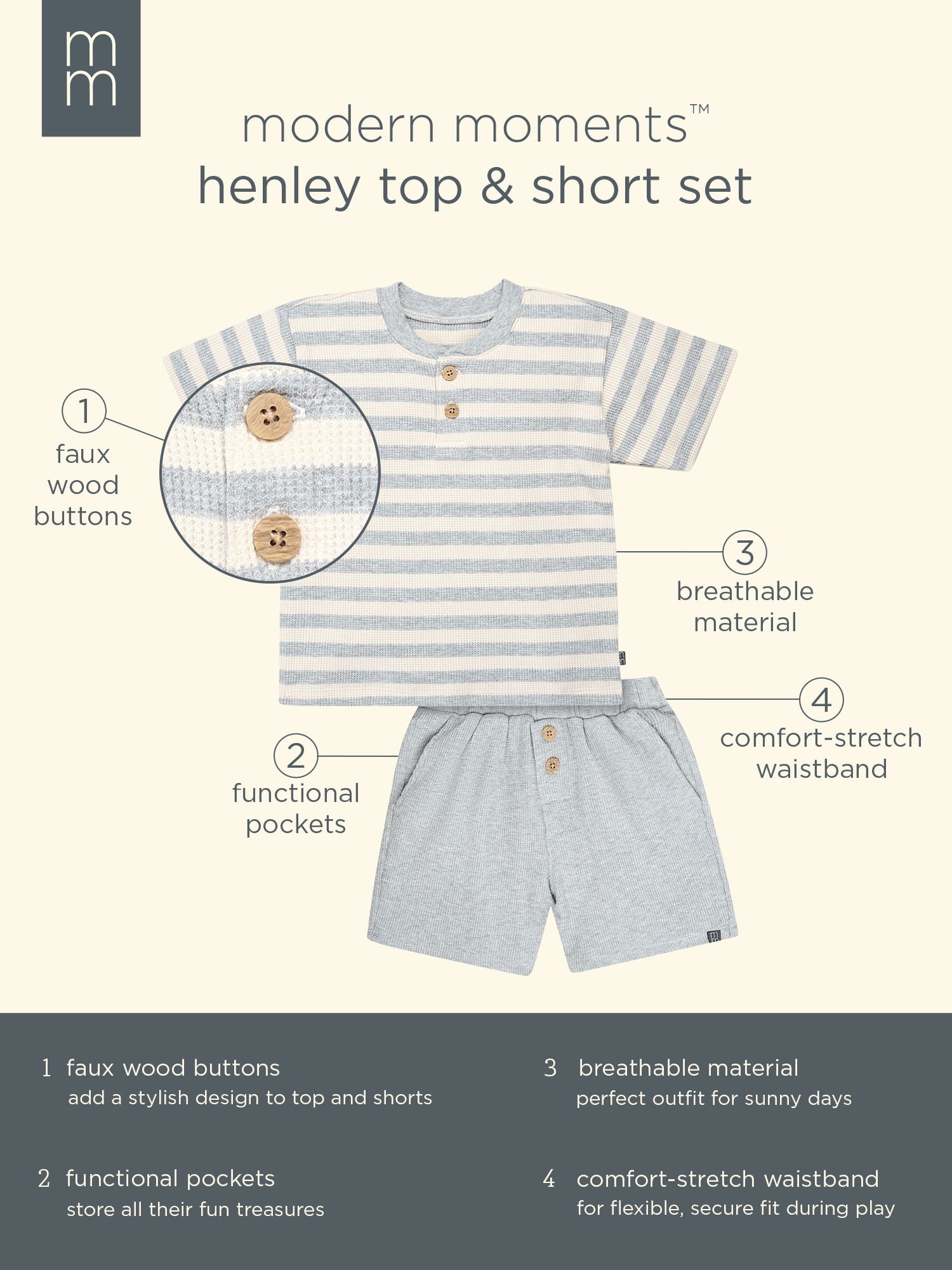 Modern Moments by Gerber Toddler Boy Henley Top and Short Outfit Set, 2-Piece, 12 Months - 5T