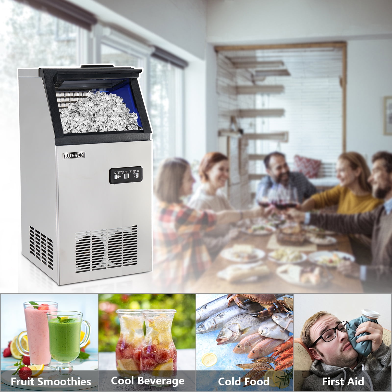 ROVSUN 110lbs Capacity Commercial Freestanding Ice Maker, Stainless Steel