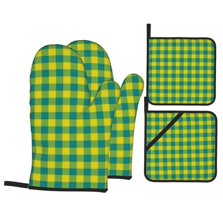 

Citrine & Teal Buffalo Plaid Oven Mitts And Pot Holders 4 Pcs Set High Heat Resistant 500 Degree Extra Thicken Long Kitchen Cotton Oven Glove For Cooking