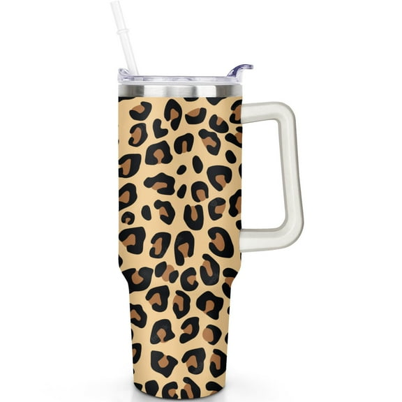 Leopard Print Thermal 40oz Tumbler with Straw and Handle, Stainless Steel Mug for Hot or Cold