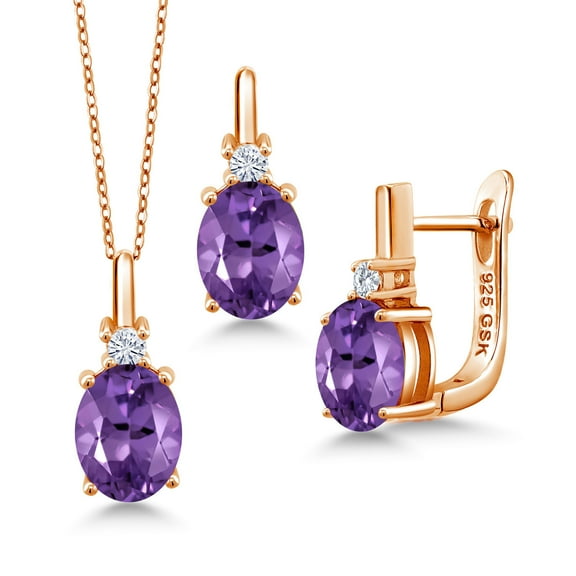 Gem Stone King 5.00 Ct Purple Amethyst E-F Lab Grown Diamond 18K Rose Gold Plated Silver Pendant and Earrings Jewelry Set