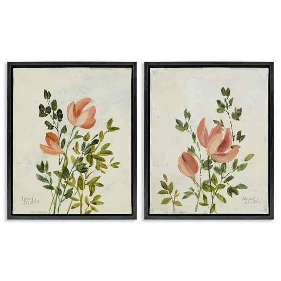 Stupell Industries Vintage Leaves & Bloom Floral & Botanical Painting Black Floater Framed Canvas Art Print Wall Art, 17 x 21, Set of 2