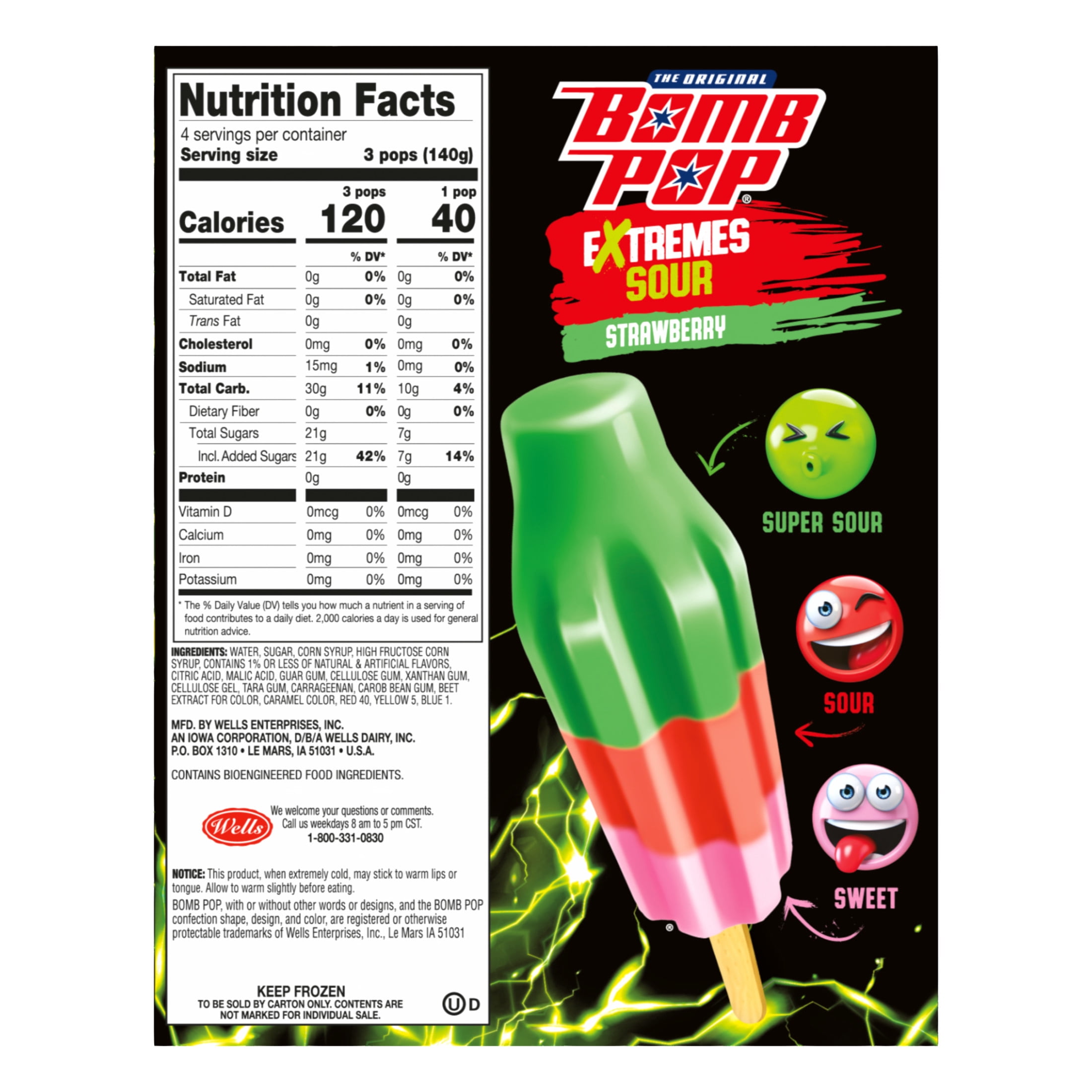 Bomb Pop Extremes Super Sour Strawberry Freeze Ice Pops, Frozen Freezer Dessert, 12 Pack