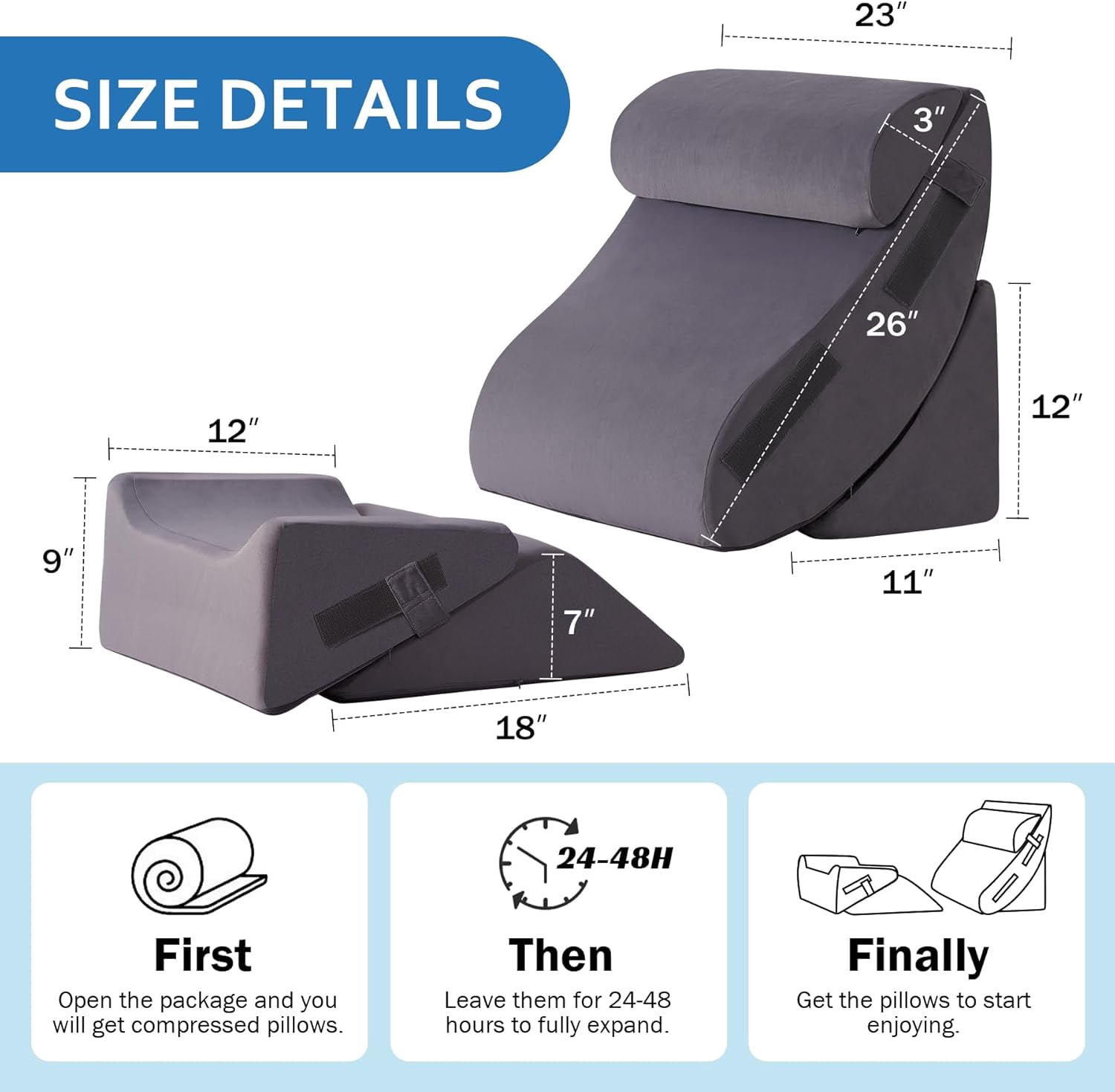 5Pcs Wedge Pillow Set for After Surgery, Orthopedic Bed Wedge Pillow Set for Post Surgery, Acid Reflux Relief, Sleeping, Back Pain Relief, Adjustable Back Pillow for Bed Sitting up Grey Plush