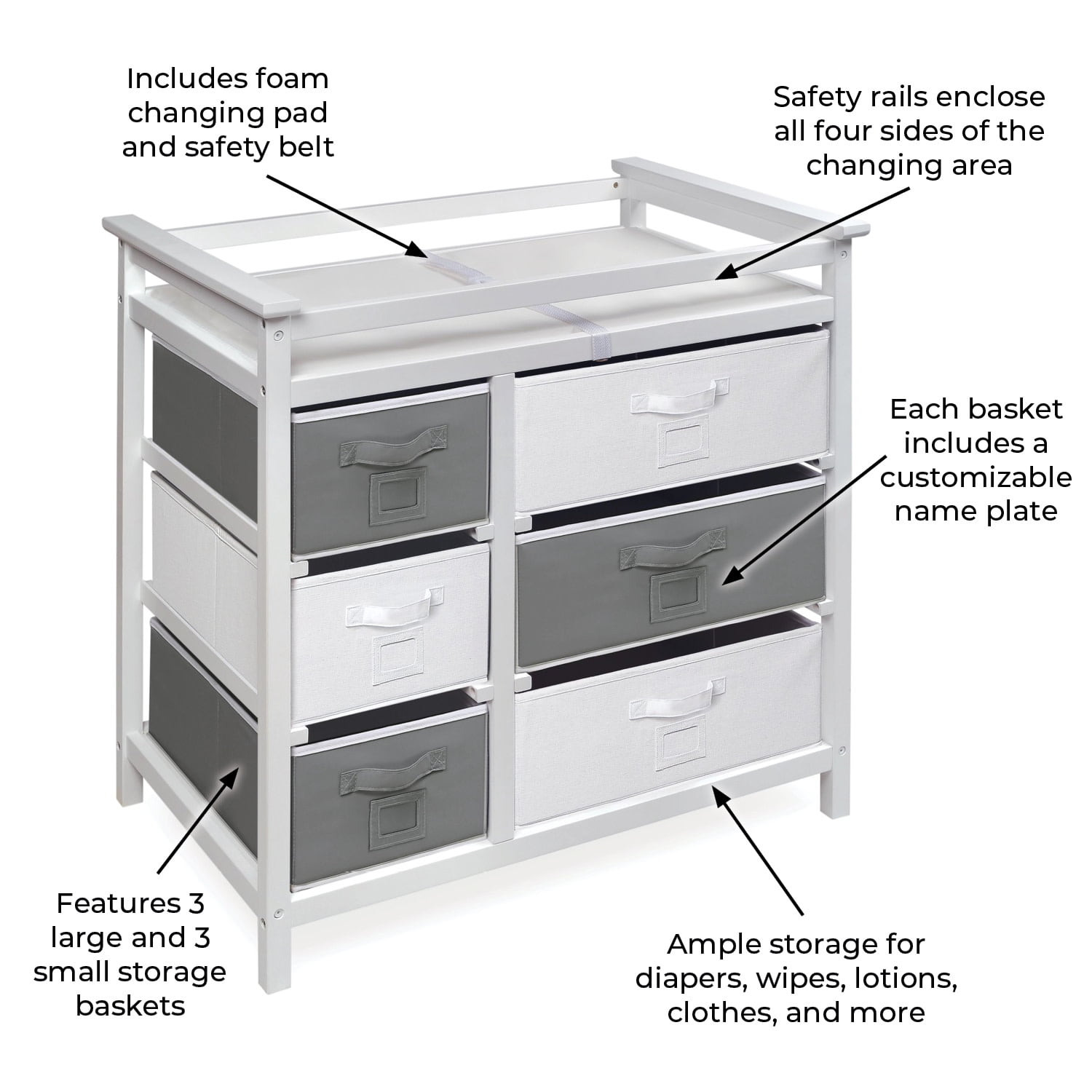 Badger Basket Modern Baby Changing Table with Six Baskets - White