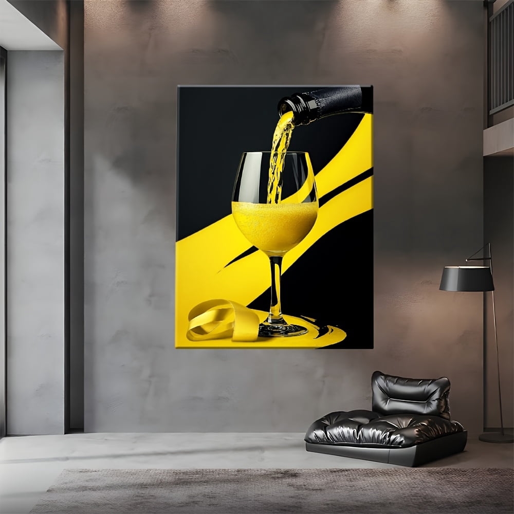 2D Flat, Modern Abstract Canvas Wall Art - Vibrant Yellow Liquid Pouring into Glass Painting with Bold Black & Yellow Contrast, Wrapped Wooden Frame, High-Quality Canvas Print for Living Room