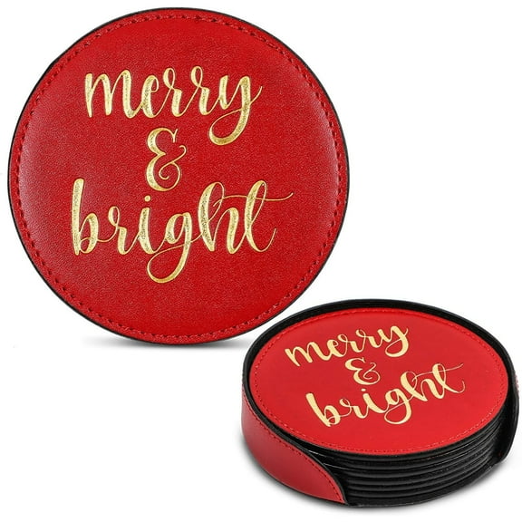 Christmas Drink Coasters Gift with Holder, Merry and Bright (Faux Leather, 6 Coasters, 1 Case Holder)