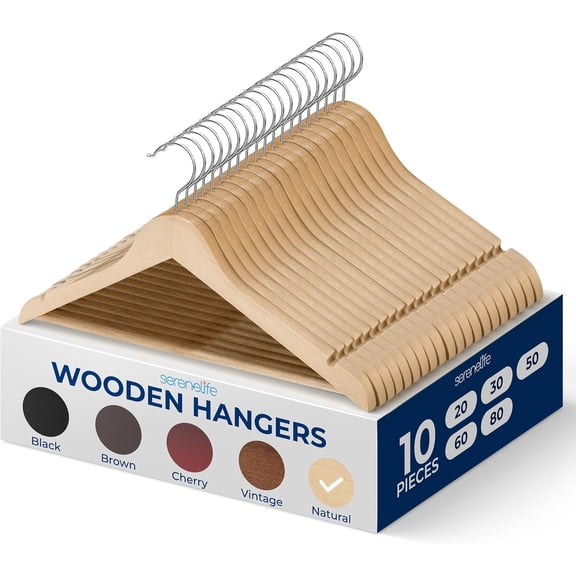 10 Pcs. Wooden Hangers - Non-Slip, Sturdy, and Heavy Duty Suit Hanger Set with Chrome 360° Swivel Hook and Notches Design for Clothes (Natural)