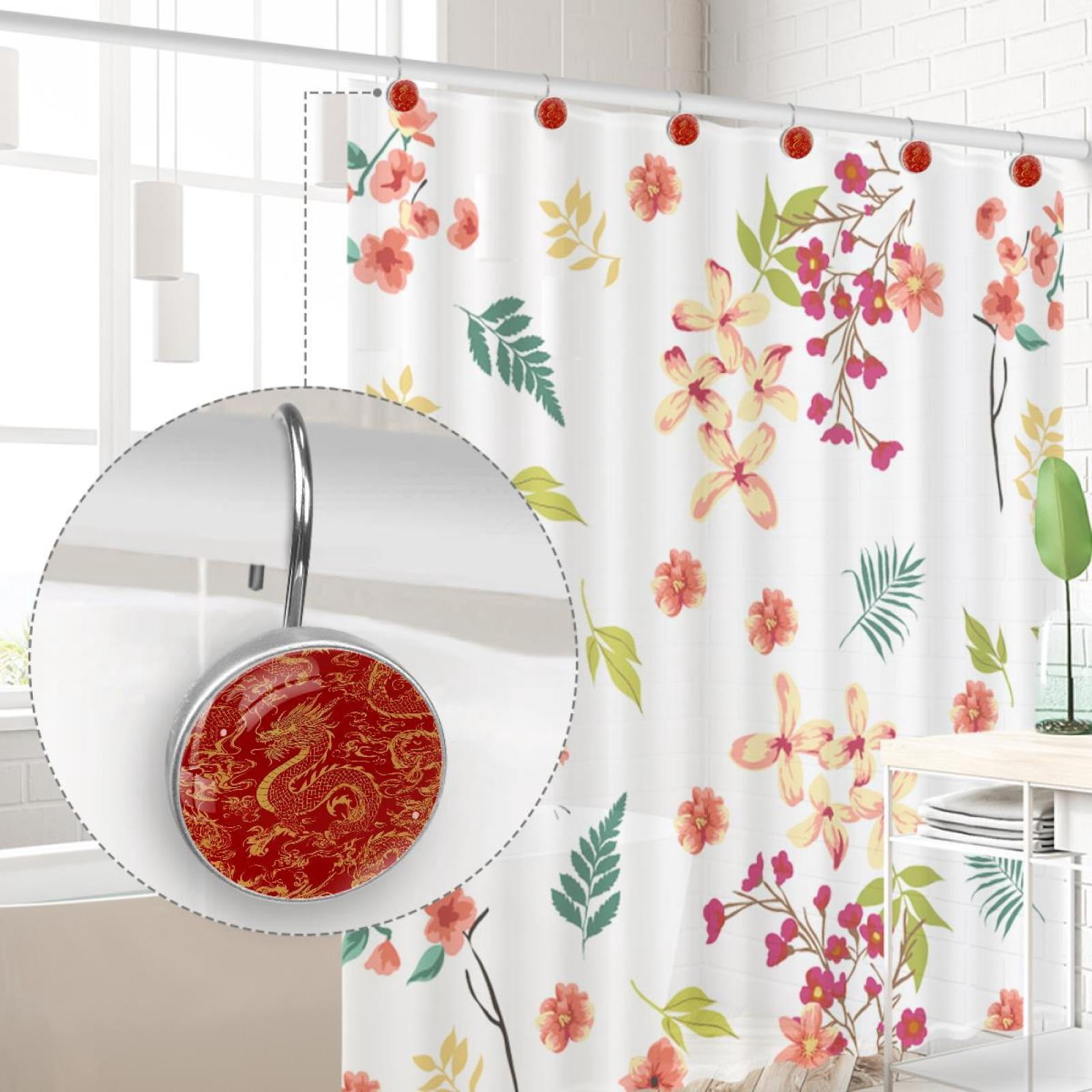 Gold Red Chinese Dragon Shower Curtain Hooks Round Crystal Glass, Set of 12 Shower Curtain Rings - Shower Hooks for Curtain Shower Rings