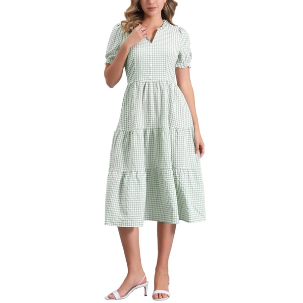 Vestido de cuadros para mujer Inspire Chic, vestido midi con volantes, escote en V, decoración de botones, color verde, talla L