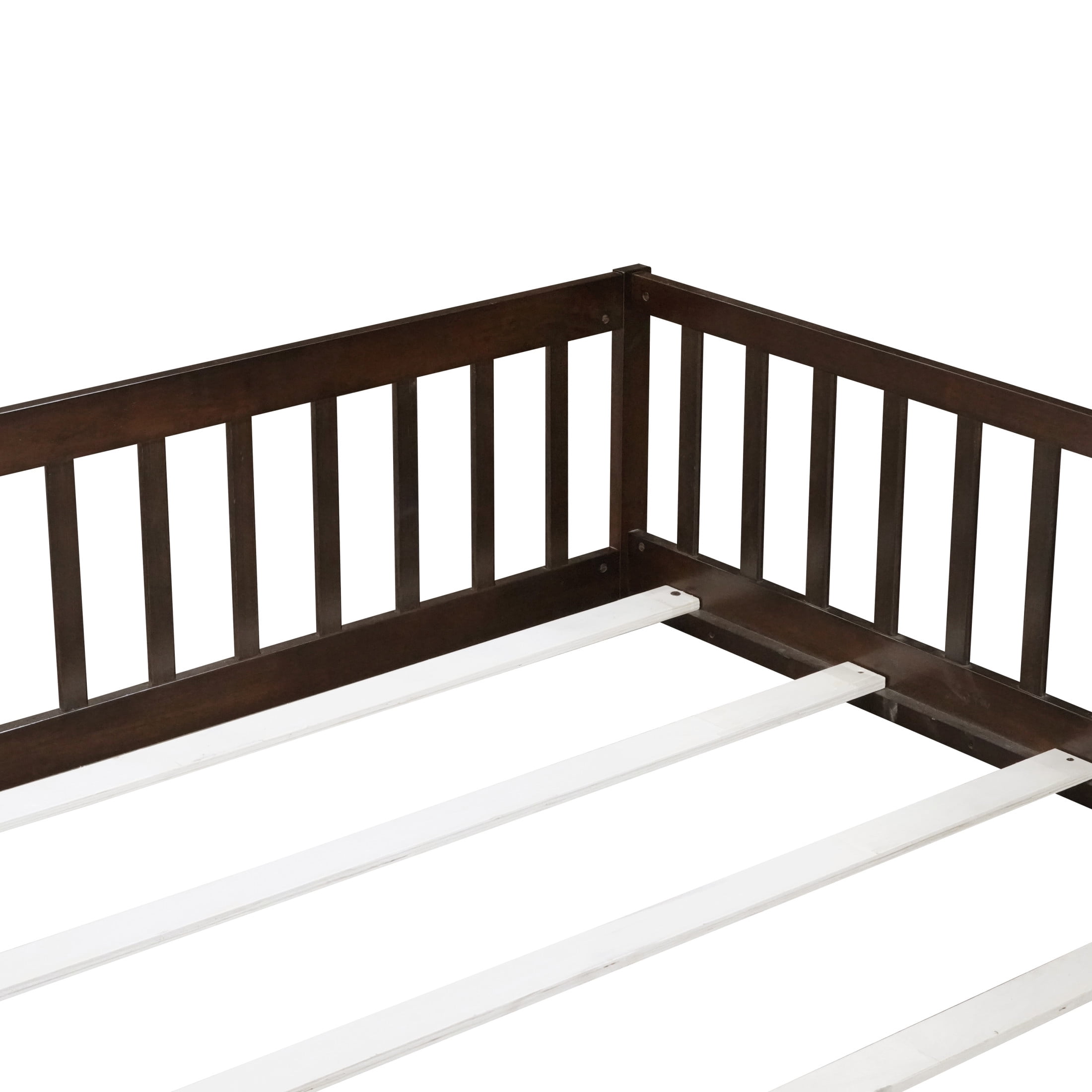 Noble House Corvel Queen Size Rubber Wooden Floor Bed with Safety Guardrails & Latching Fence Door, Espresso
