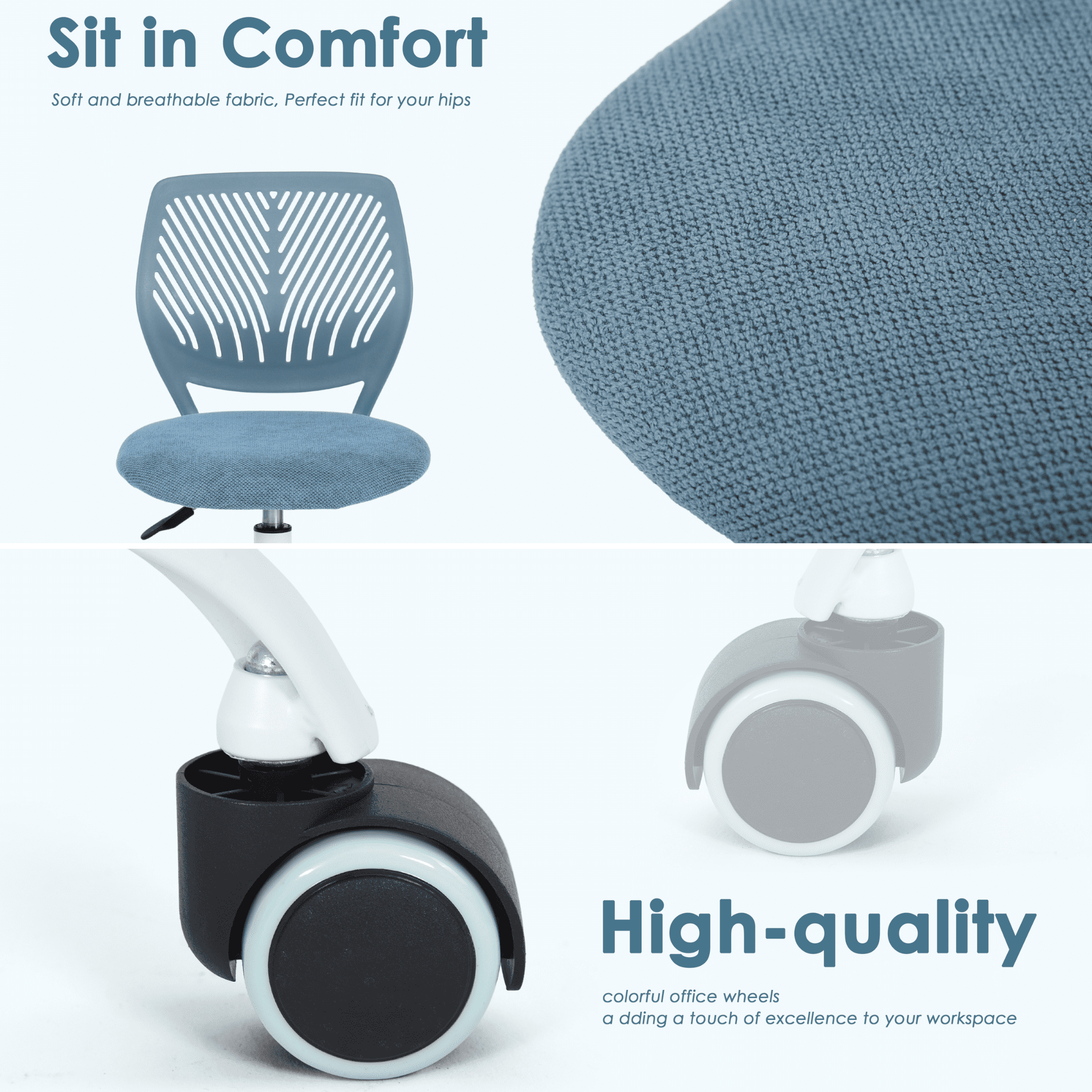Ergonomic Home Office Desk Chair with Adjustable Height, Rolling Base, and Breathable Backrest, Light Blue