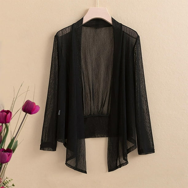 Cárdigan de moda para mujer, blusas casuales sueltas, top de color sólido, cárdigan de malla de manga larga, top de poliéster para mujer