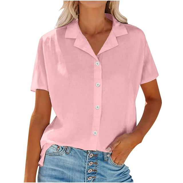 Kovlvoll Summer Tops for Women Short Sleeve Button down Shirts Cotton Linen Solid Color Lightweight T-Shirt Blouse
