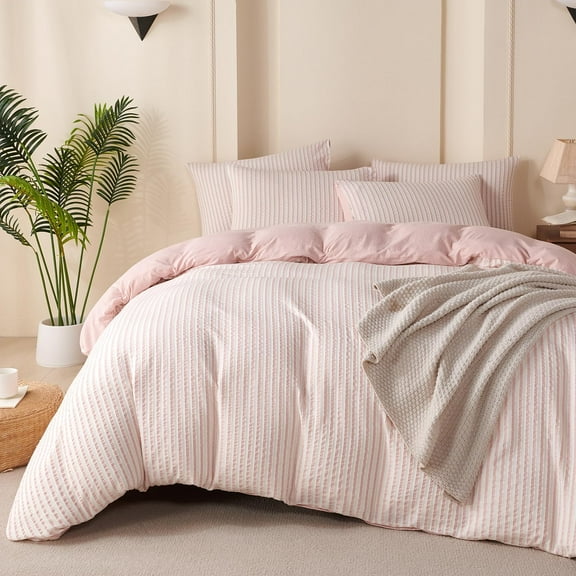 Queen Striped Pink Duvet Cover Set 3 Pieces with Zipper Closure and Corner Ties No Comforter