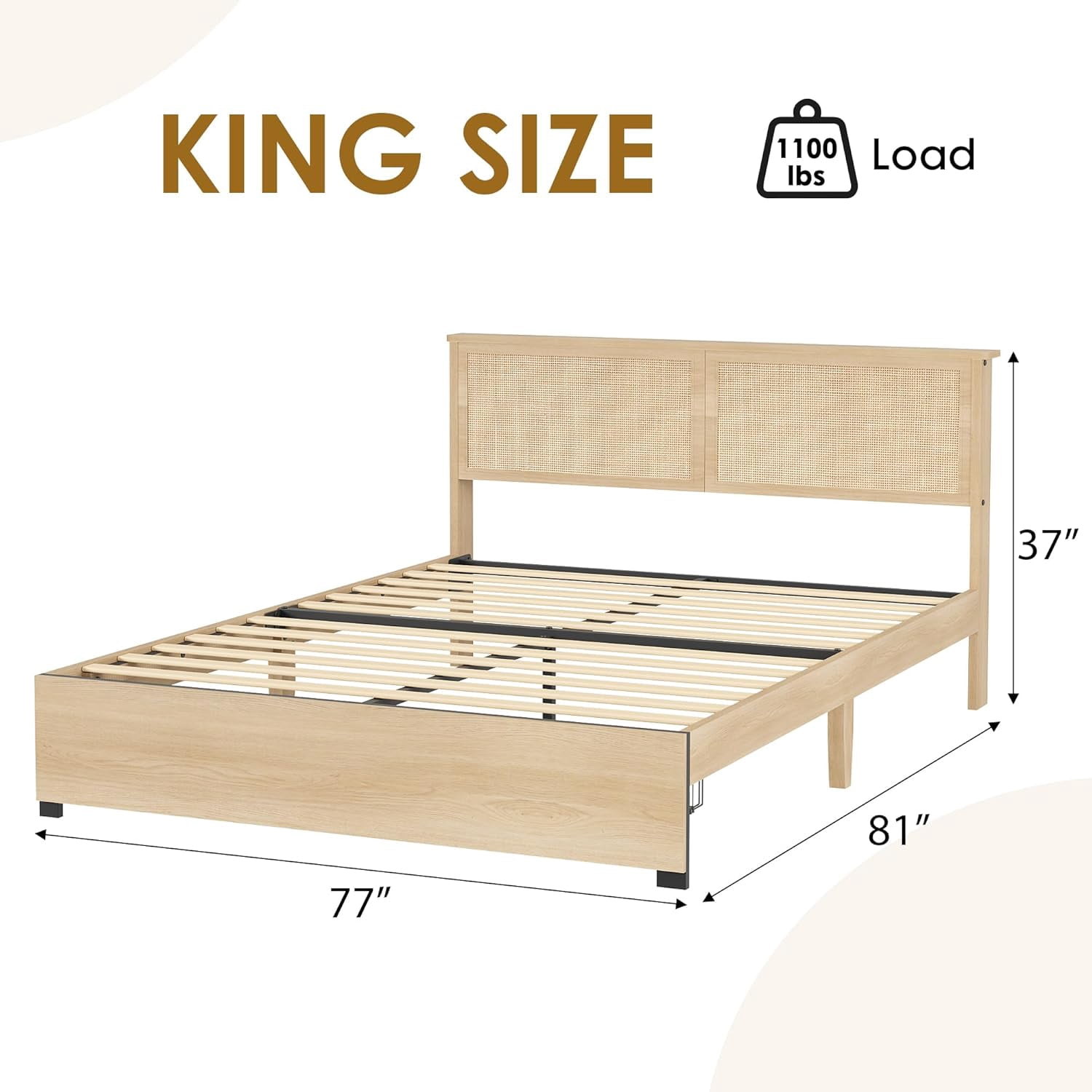 Rattan King Size Bed Frame with 2 Storage Drawers, King Platform Bed Frame with Natural Rattan Headboard, Boho Bed Frame with Strong Wood Slats Support, Noise Free, No Box Spring Needed