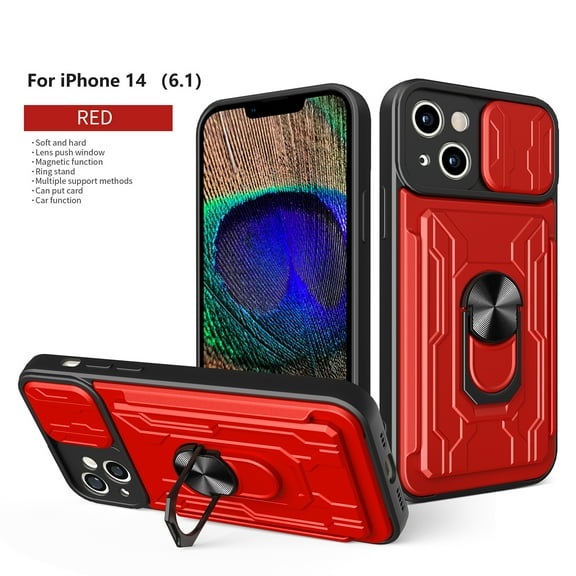 Cowithday Wallet Case for iPhone 14 with Camera Cover & Kickstand,Slide Lens Protection Card Holder Slot 360°Rotate Ring Hybrid Rugged Bumper Shockproof Cover for Apple iPhone 14 6.1", Red