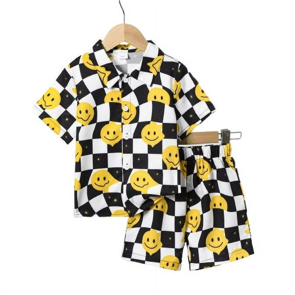 Mikrdoo Little Boys Clothes Boys Outfits 5 Years Boys Checker Print Smiling Face Pattern 6 Years Turn-down Collar Shirt Elastic Shorts 2Pcs Summer OOTD Black