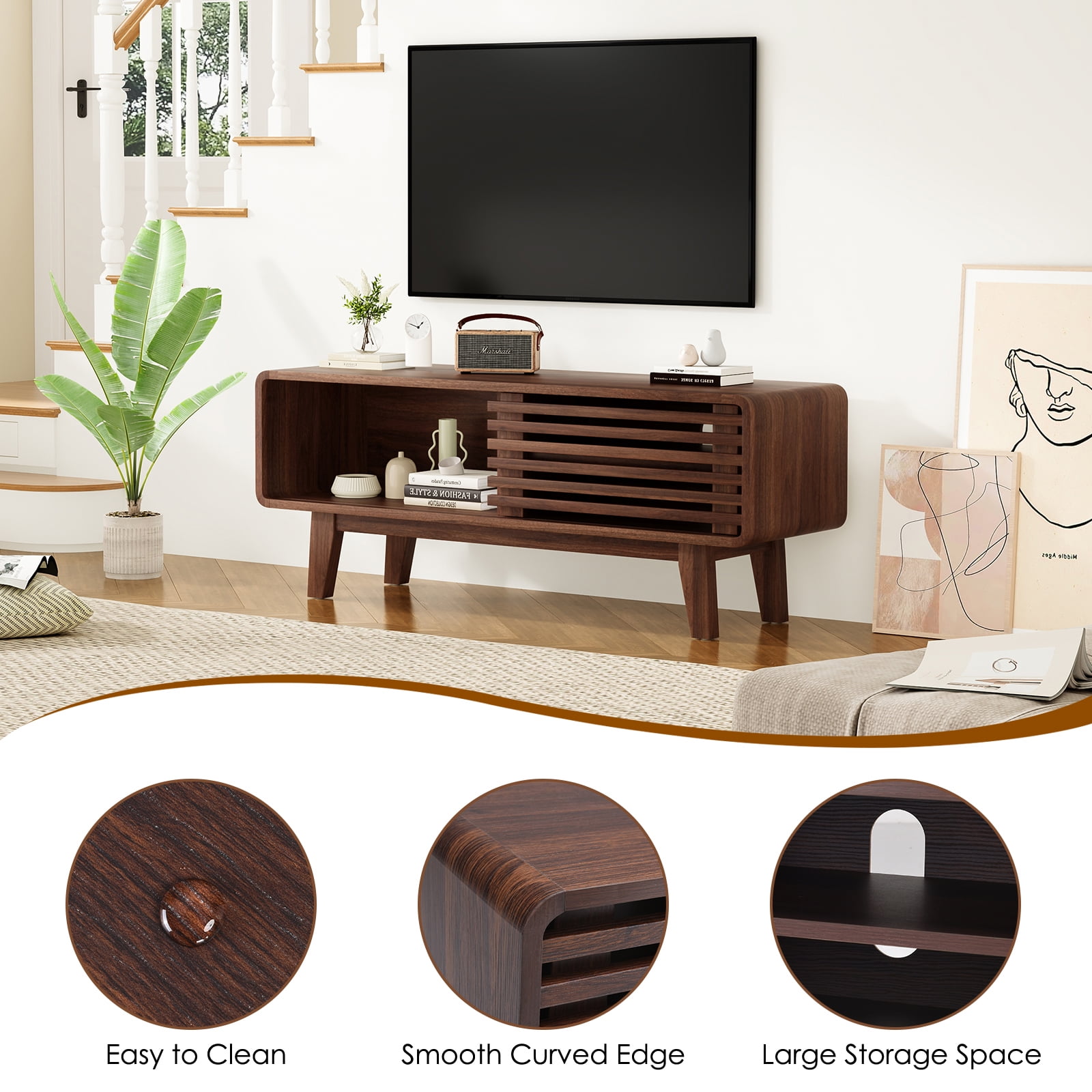 Hommoo Mid Century Modern TV Stands up to 59", Wooden Home Entertainment Center TV Console Cabinet with Sliding Tambour Door, Walnut