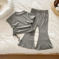 thumbnail image 2 of Ulitacool Girl Outfits Crewneck Sportsuit Elastic Short Sleeve Top Flared Pants Solid Color Two Piece Sweatsuit Fashion Clothing Grey 3-4 Years, 2 of 4