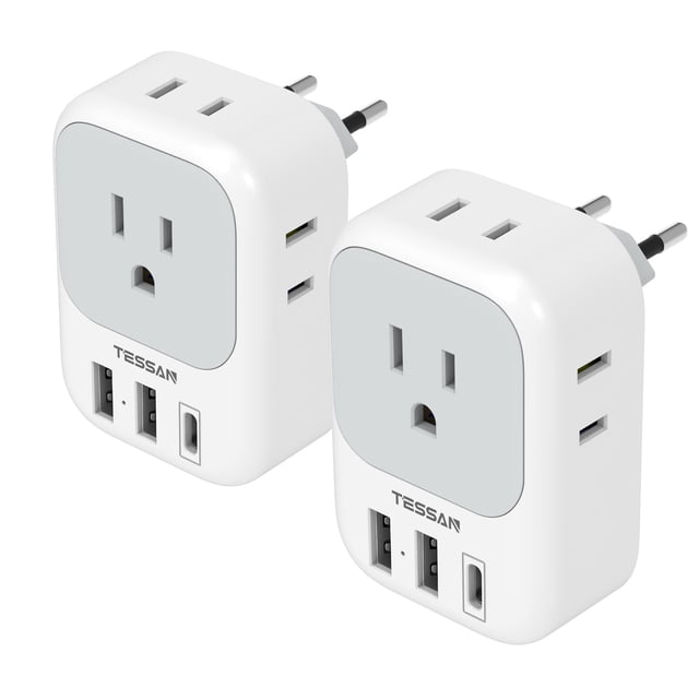 Adaptador de enchufe de viaje TESSAN de EE. UU. a Europa con 4 salidas y 3 USB