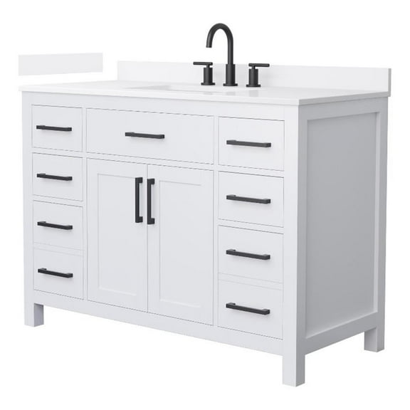 Beckett 48" White Single Vanity & White Quartz Top (3-Hole) & Black Trim