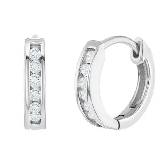 14K White Gold Plated Silver Small Huggie Hoop Earrings with Simulated Round Gemstones, Hypoallergenic Everyday Jewelry for Women