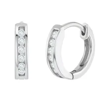 14K White Gold Plated Silver Small Huggie Hoop Earrings with Simulated Round Gemstones, Hypoallergenic Everyday Jewelry for Women