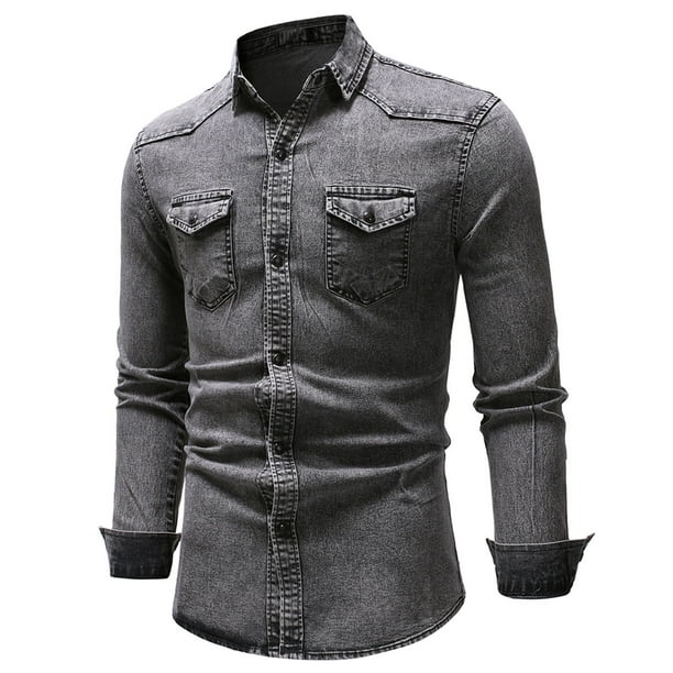 camisa de hombre de manga larga de mezclilla lavada con cuello de solapa y boton de bolsillo de color solido Pompotops oipoqjl27490 Bodega Aurrera en linea