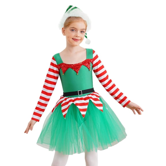 YiZYiF Girls Christmas Elf Dress Striped Long Sleeve Mesh Tutu Skirt Leotard Dance Party Outfit with Hat Green 16