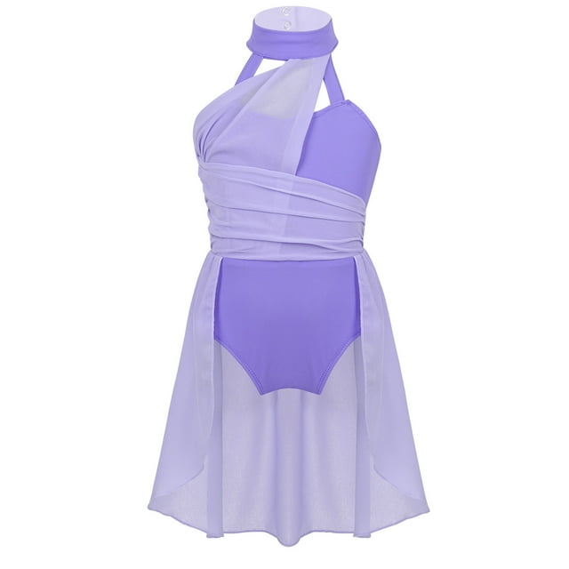 Hansber Kids Girls Sleeveless Ruched Chiffon Overlay Dress Leotard Ballet Contemporary Lyrical Dance Dress Lavender 8