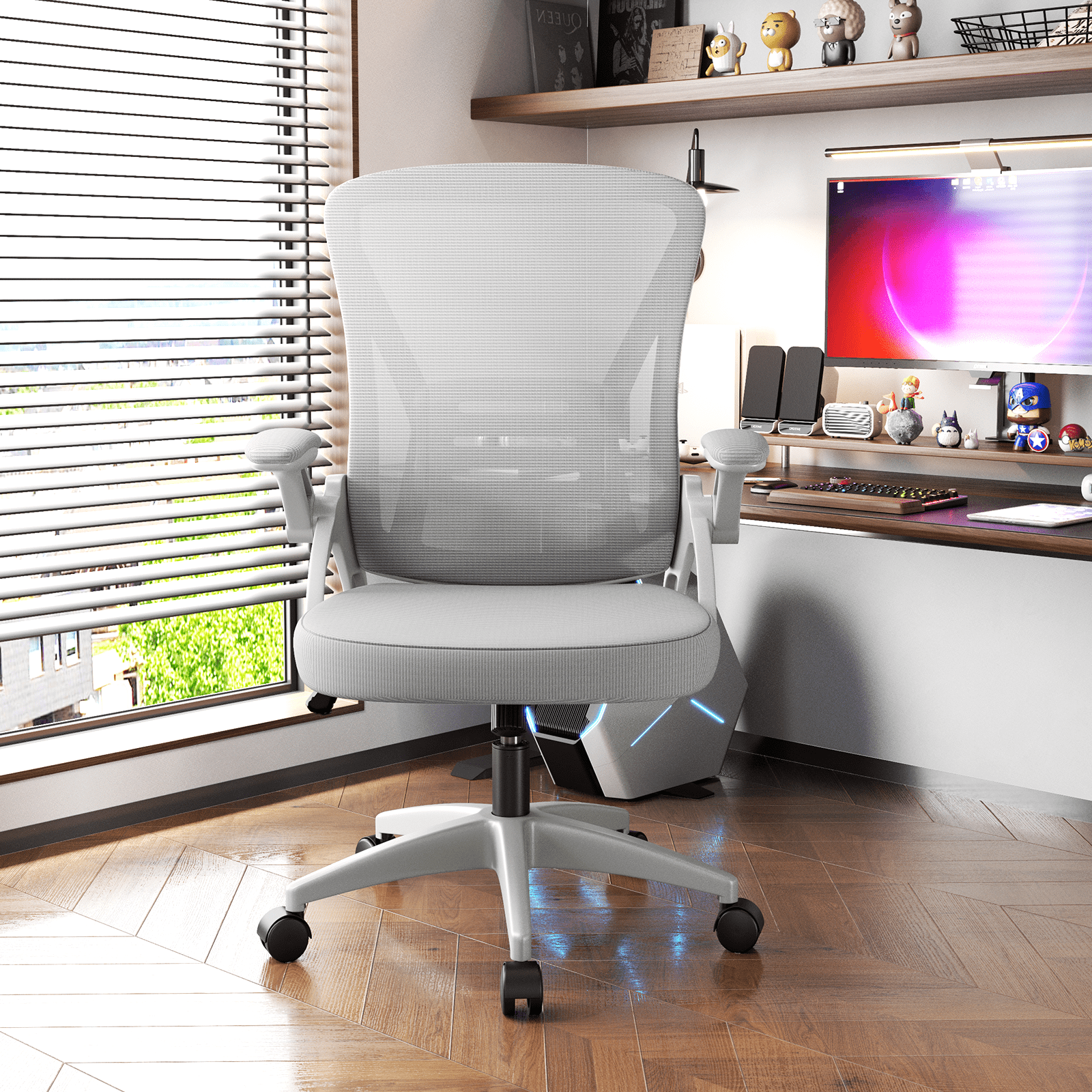 Biggzia Ergonomic Office Chair, Mid-Back Computer Chair with Adjustable Height, Flip-Up Arms and Lumbar Support, Mesh Desk Chair, Gray