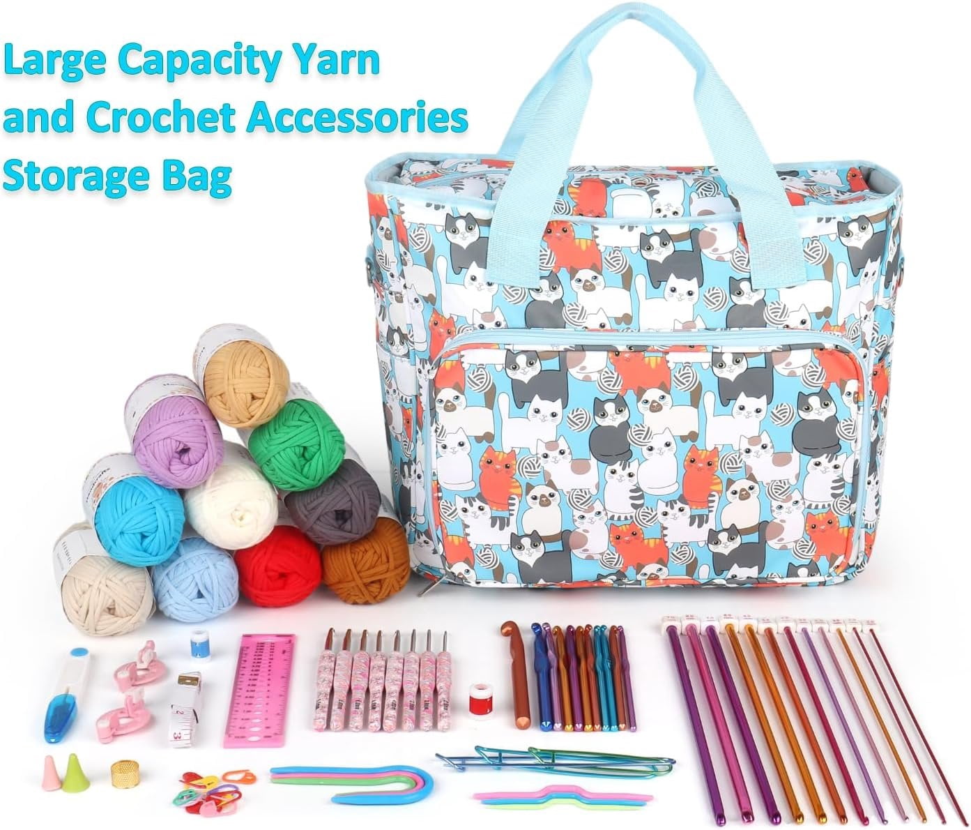 Yarn Storage Organizer Travel Crochet Bag, Large Capacity Tote Bag Knitting Bag for Carrying Projects, Knitting , Crochet Hooks and Yarn, Cute Blue