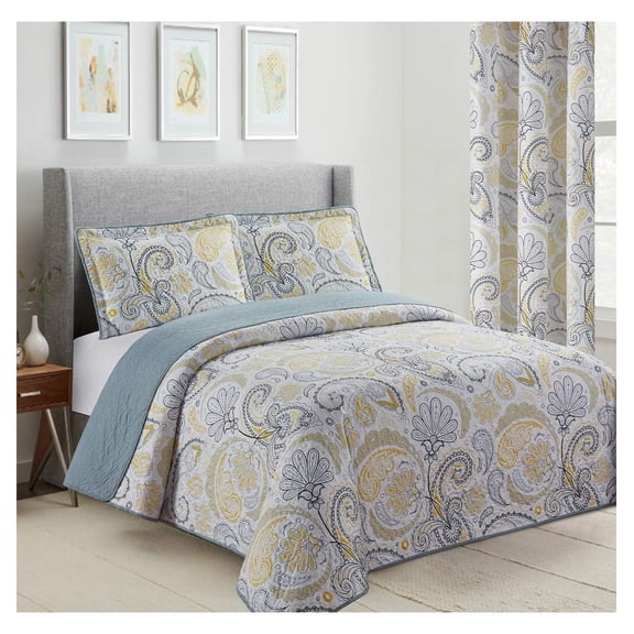 Yellow Grey Paisley Bedspread Set Twin - Reversible Quilt Coverlet & Sham - Lightweight Floral Bedding for All Seasons - Traditional Quilted Design