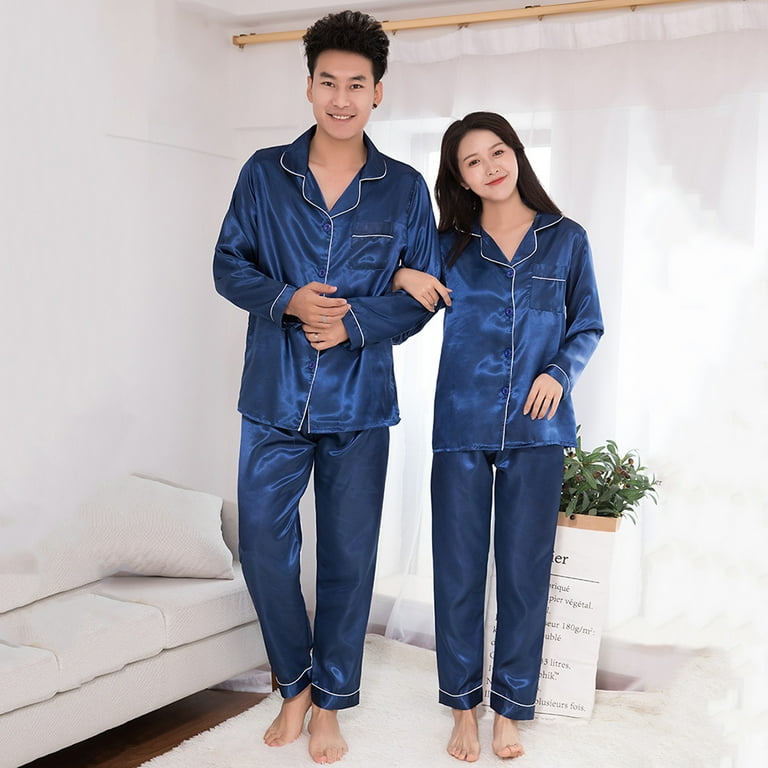 STJDM Nightgown,Big Size Women Men Couple Pajamas Loungewear Ice Silk  Sleepwear Luxury Nighties Women-XL lightblueset