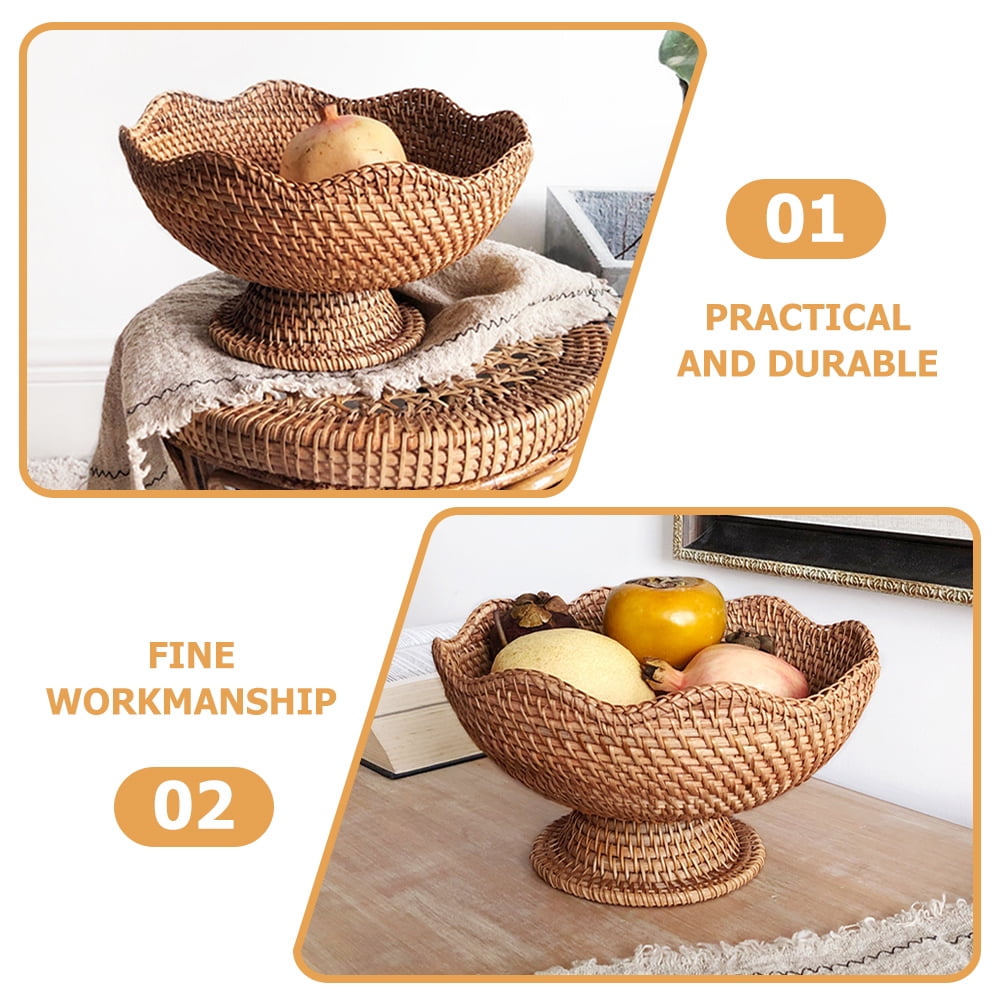 Eease Rattan Fruit Bowl Footed Decorative Basket for Kitchen Counter 25cm