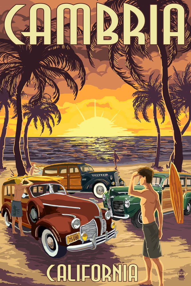 Cambria, California, Woodies and Sunset (16x24 Giclee Gallery Art Print, Vivid Textured Wall