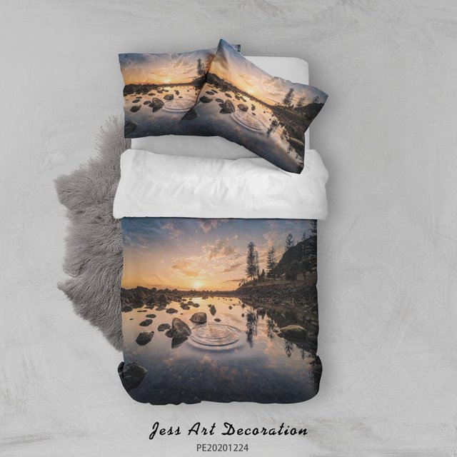 3D Sunset Sky Mountain River Quilt Cover Set Ropa de Cama Set Funda Nórdica