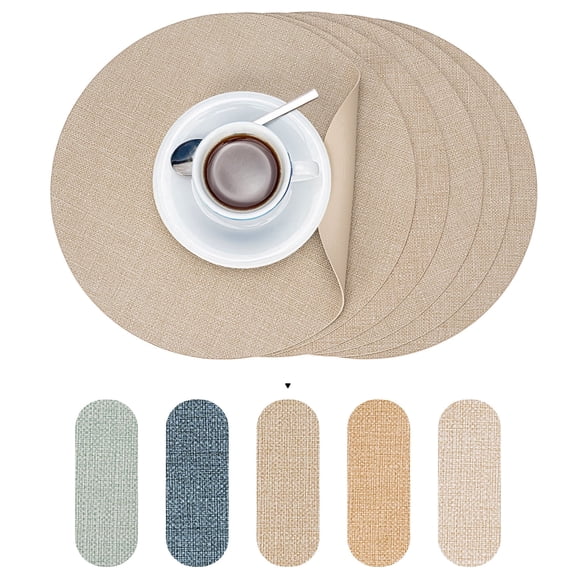 PROMATTOO Round Placemats Set of 6,Faux Leather Heat Resistant Non Slip Table Mats,Taupe