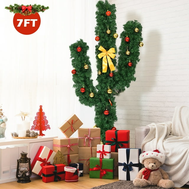 Patiojoy 7' Artificial Cactus Christmas Tree Pre-Lit Optical Fiber w/ LED Lights & Ball Ornaments