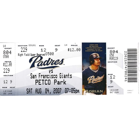 Barry Bonds Home Run 755 Ties Hank Aaron 2007 SF Giants Padres ticket