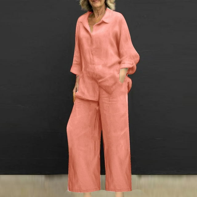 Cotton Linen 2 Piece Outfits for Women 2025 Spring Solid Color Long Sleeve Shirts + Wide Leg Pants with Pockets Sets Pink