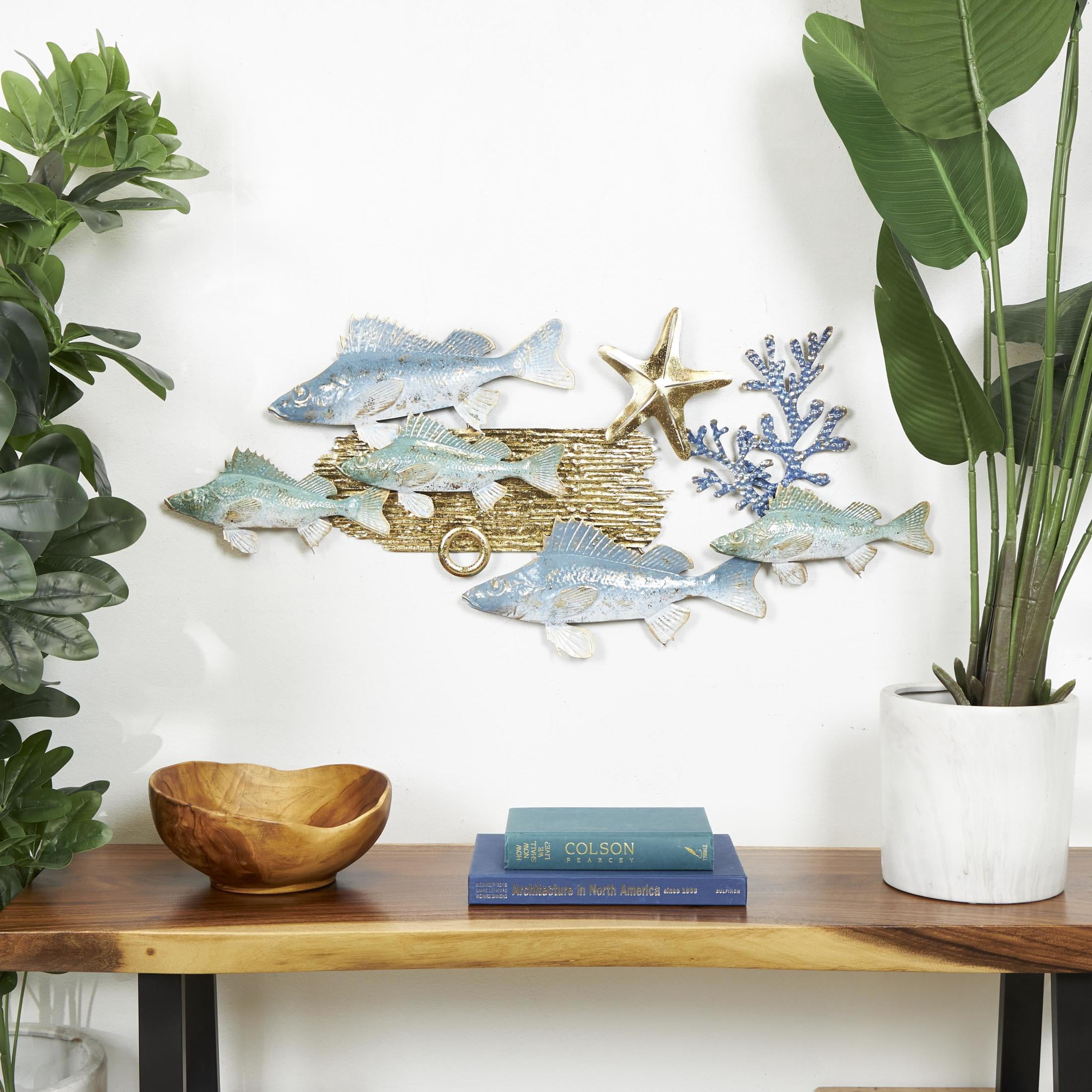 DecMode Blue Metal Fish Wall Decor with Gold Accents