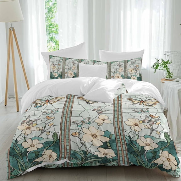 Retro Window Flowering Duvet Cover Set California King Size Teal Floral Butterfly Soft Lightweight Comforter Covers 4 Piece Bedding Set with 1 Duvet Cover 1 Bed Sheet & 2 Pillow Shams
