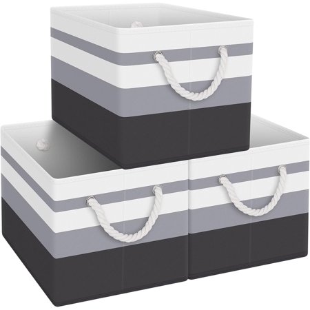 Fab totes Storage Bins [3-Pack], Foldable Storage Baskets for Organizing Toys, Books, Shelves, Closet, Large Storage Box with Rope Handles, Sturdy Organizer Bins, White & Grey
