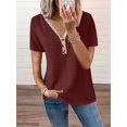 thumbnail image 3 of Camiseta holgada informal de encaje con cuello en V para mujer, camisetas de manga corta con botones de empalme, camisetas de estilo dulce para mujer, Tops elegantes de viaje 5XL 2023, 3 of 4