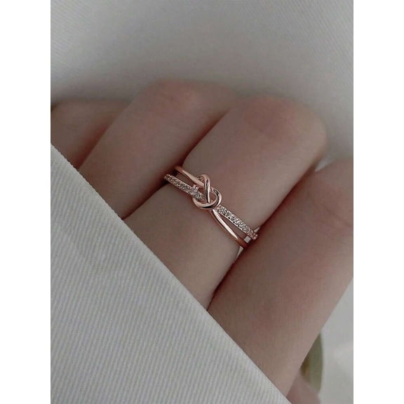 Rose Gold-2 Knot Design Rhinestone Open Cuff Ring For Women