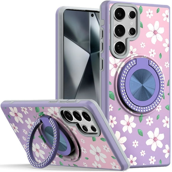 For Samsung Galaxy s24 Ultra Metal Diamond CD Pattern Design Matte Finished Hybrid with Rotational Ring [Car Mount Friendly] Case - Floral B