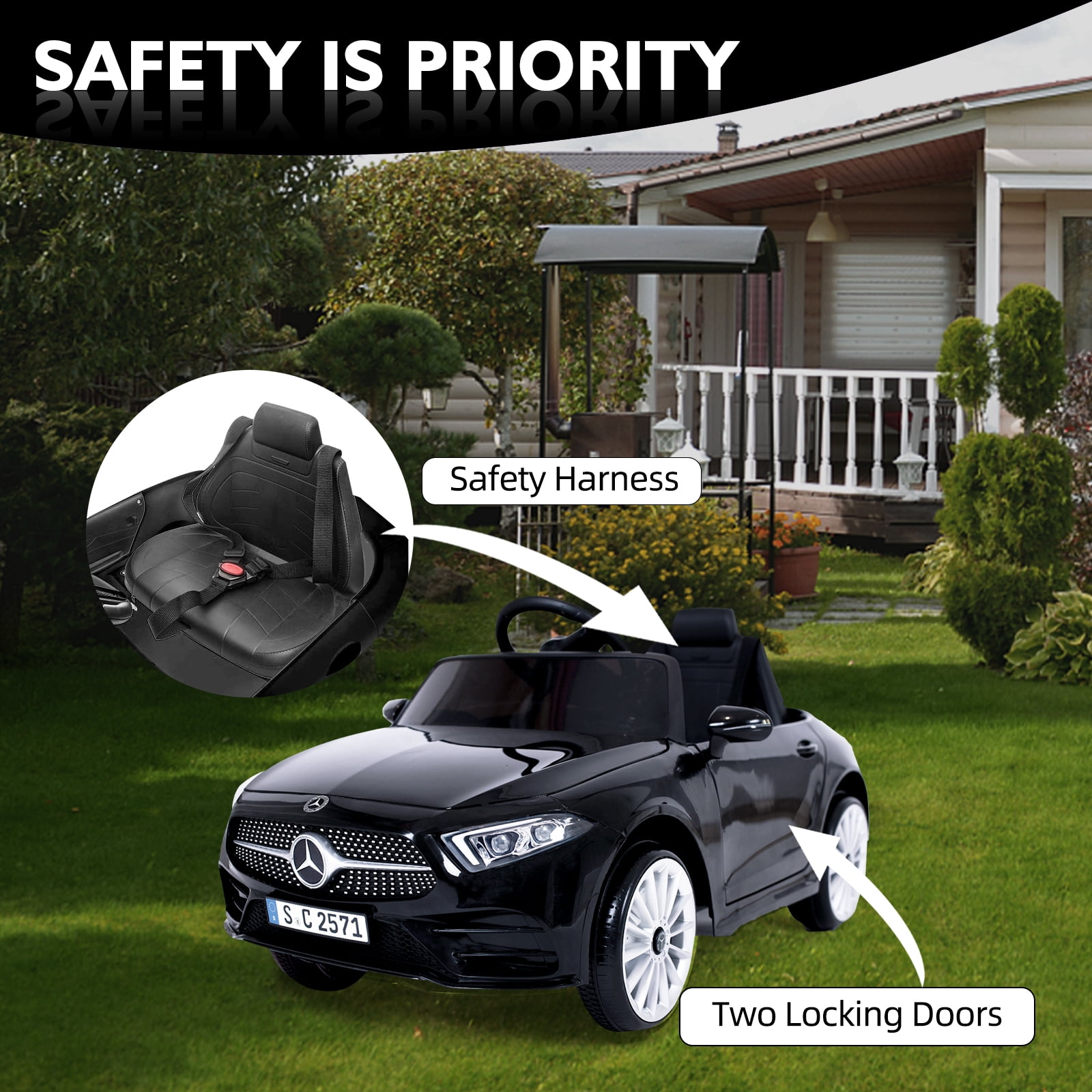 Bopilon Kids Electric Ride on Car with Remote Control, 12V Licensed Mercedes Benz Kids Car Battery Powered Electric Vehicles Toy Car, Adjustable Speed, Safety Belt, Music&LED Lights(Black)