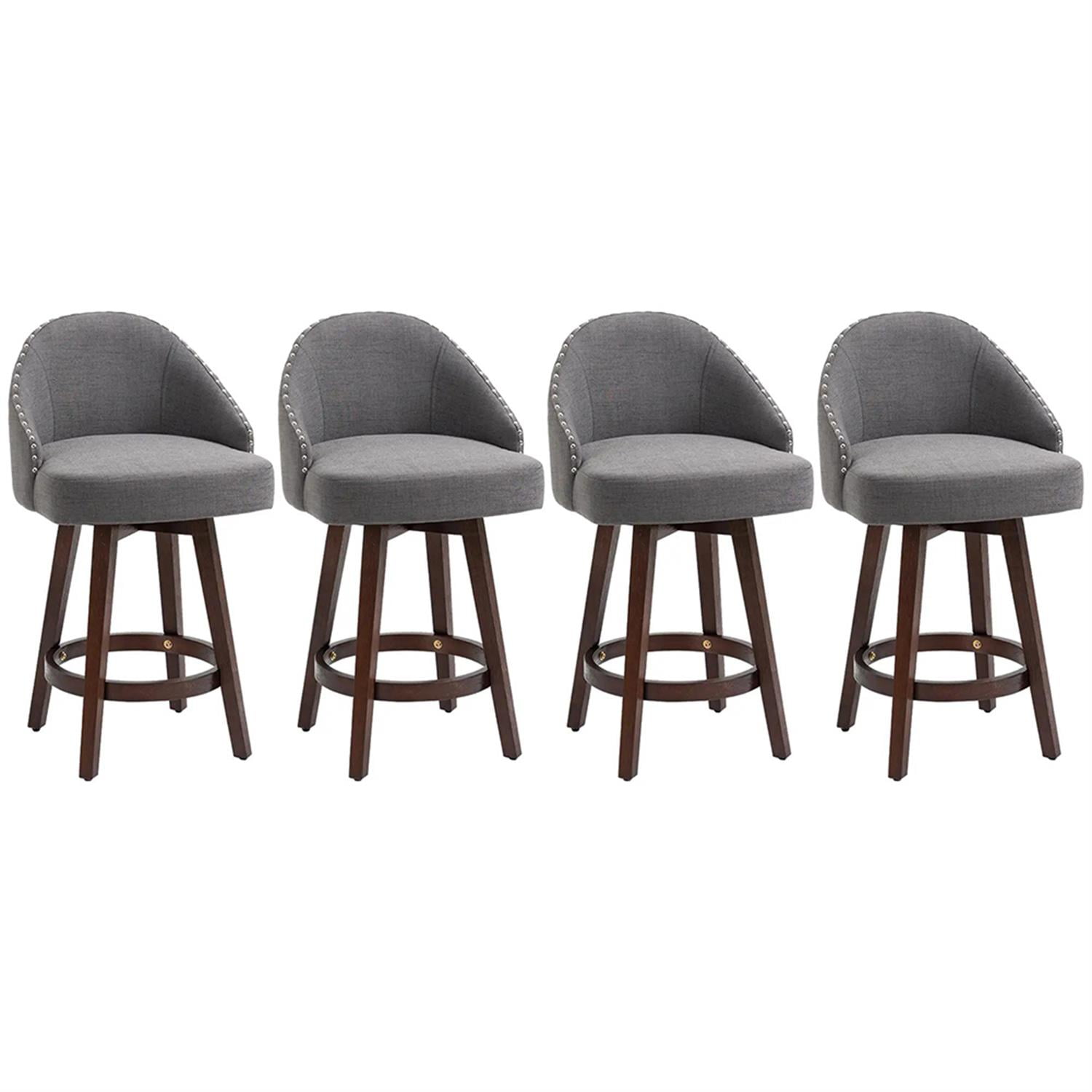 Demi Bonn Modern Bar Stool Set of 4, Cushioned Bar 26" Seat Height Stool with Nailhead Trim, Upholstered Back and Rubber Wood Legs for Kitchen, Dinning Room, Gray